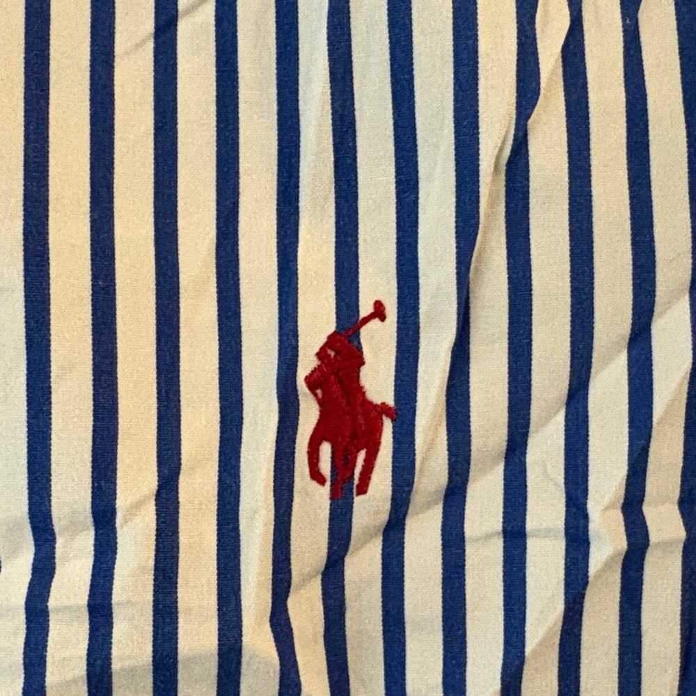 Ralph Lauren Blue and White Striped Polo with Red Logo